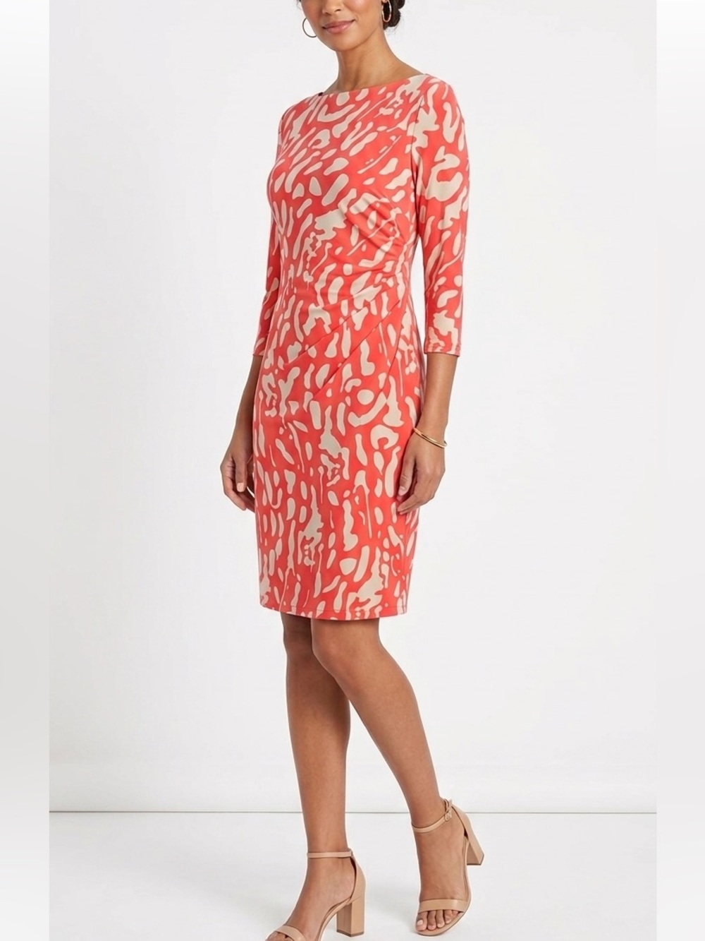 Jessica Howard Red Cream Abstract Print Ruched Sheath Dress Size 6 NWOT